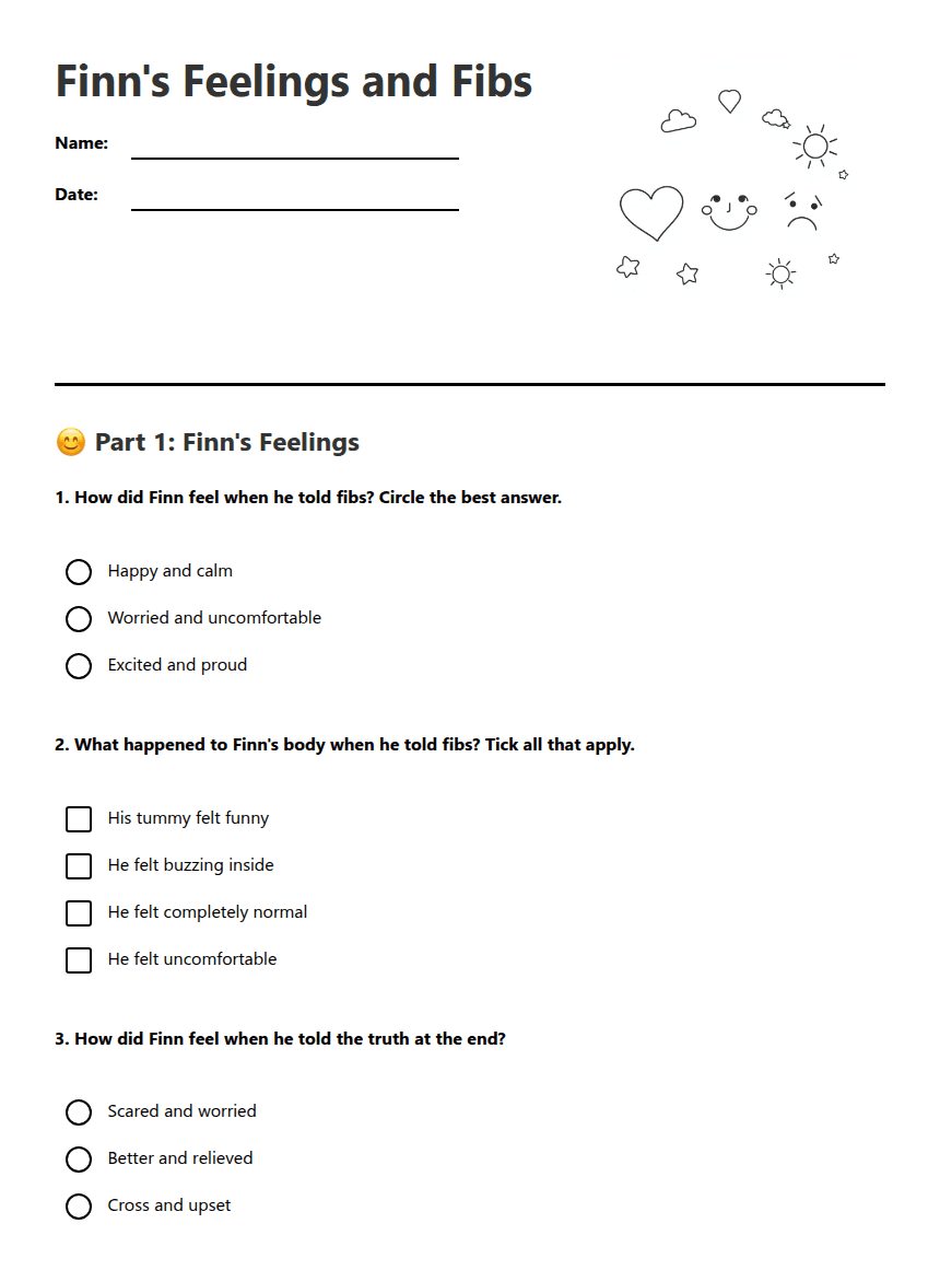 Finn's Feelings and Fibs worksheet preview