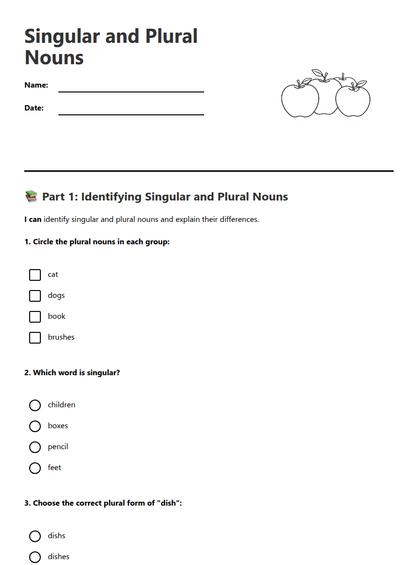 Singular and Plural Nouns worksheet preview