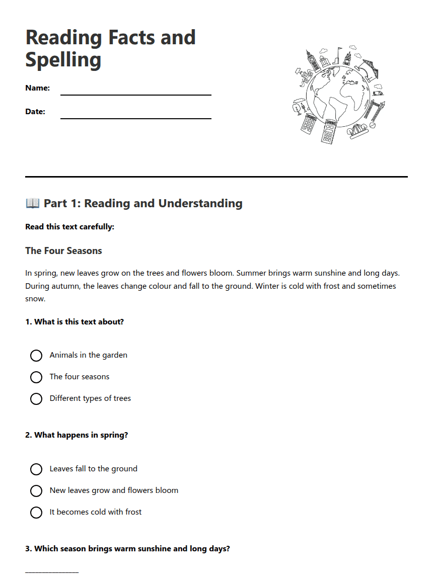 Reading Facts and Spelling worksheet preview