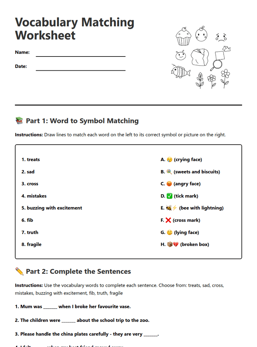 Vocabulary Matching Worksheet