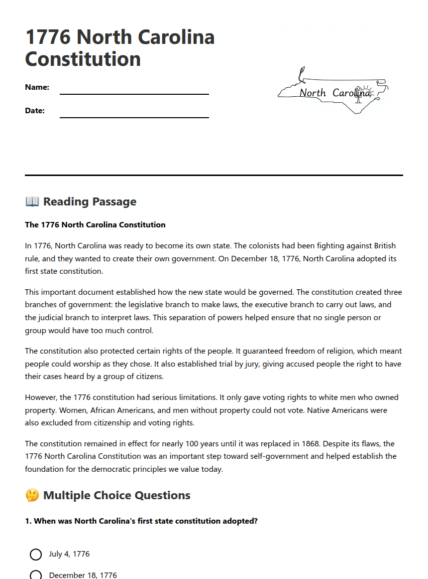 1776 North Carolina Constitution worksheet preview