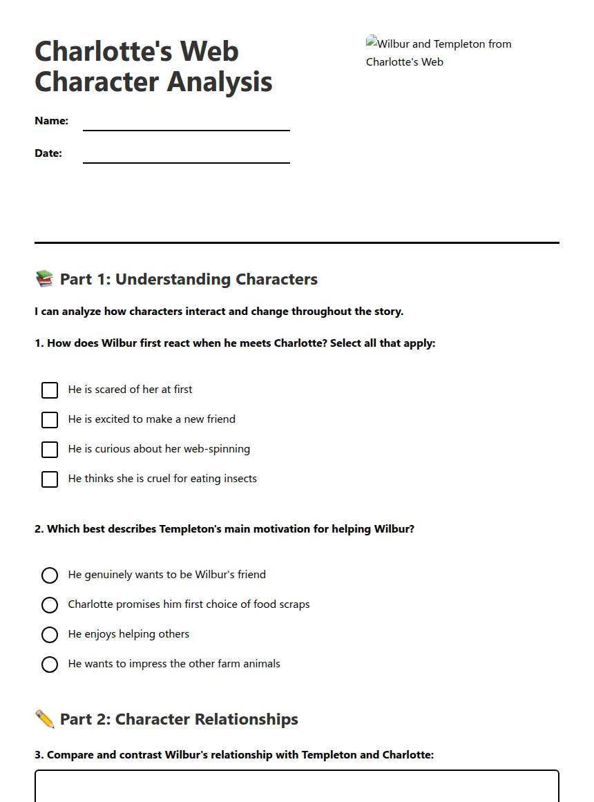 Charlotte's Web Character Analysis worksheet preview