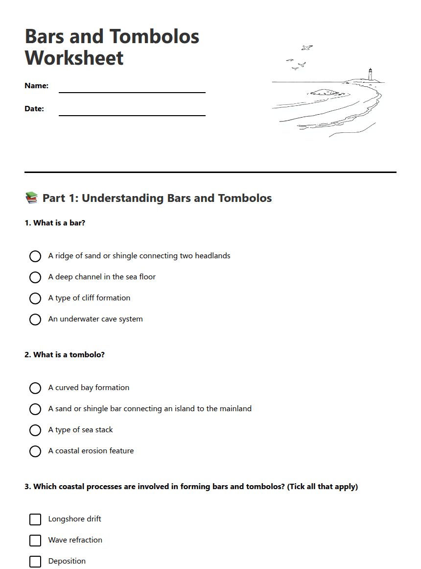 Bars and Tombolos Worksheet worksheet preview