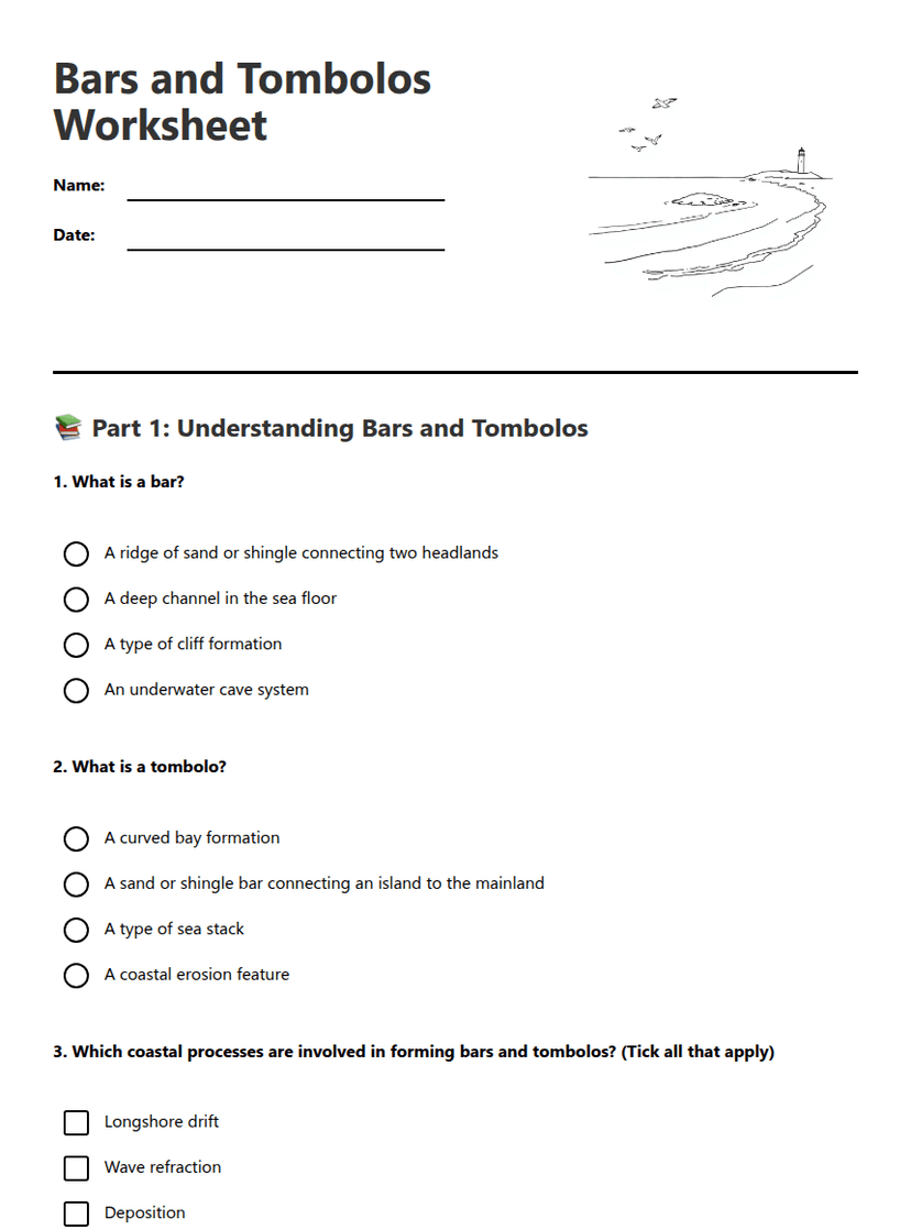 Bars and Tombolos Worksheet