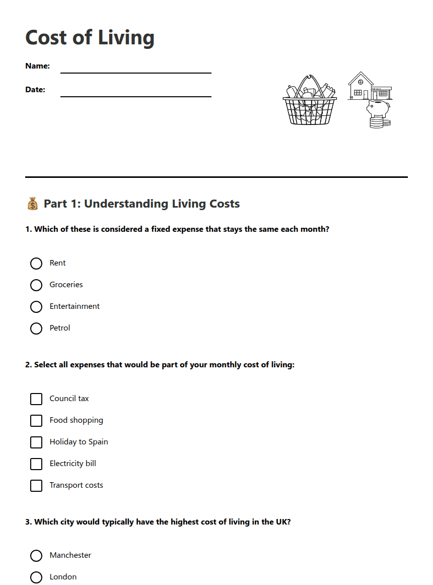 Cost of Living worksheet preview