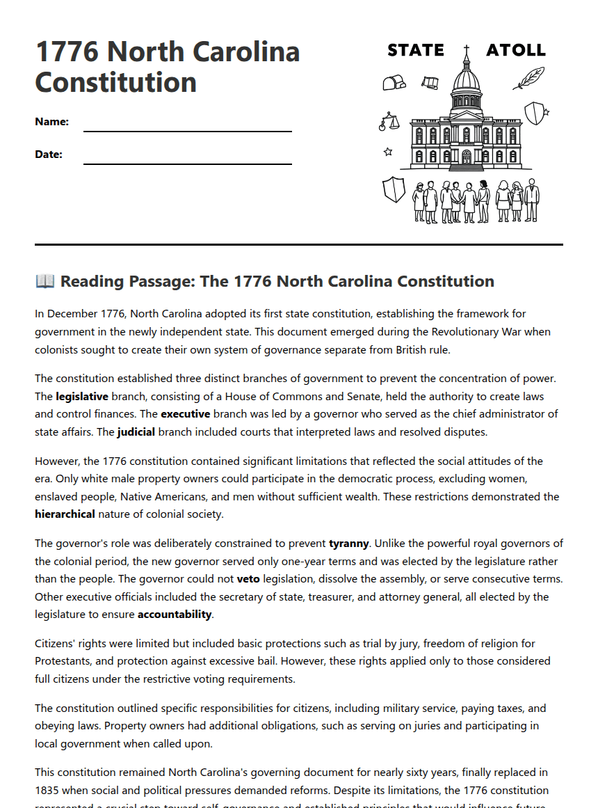 1776 North Carolina Constitution worksheet preview