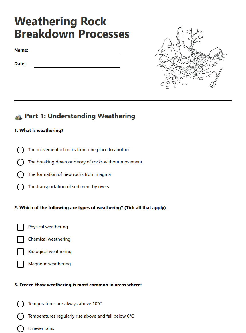 Weathering Rock Breakdown Processes worksheet preview