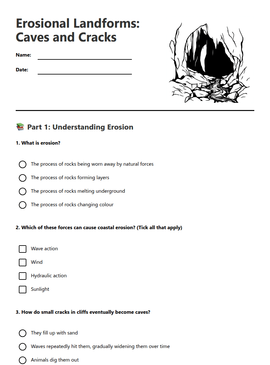 Erosional Landforms: Caves Cracks worksheet preview