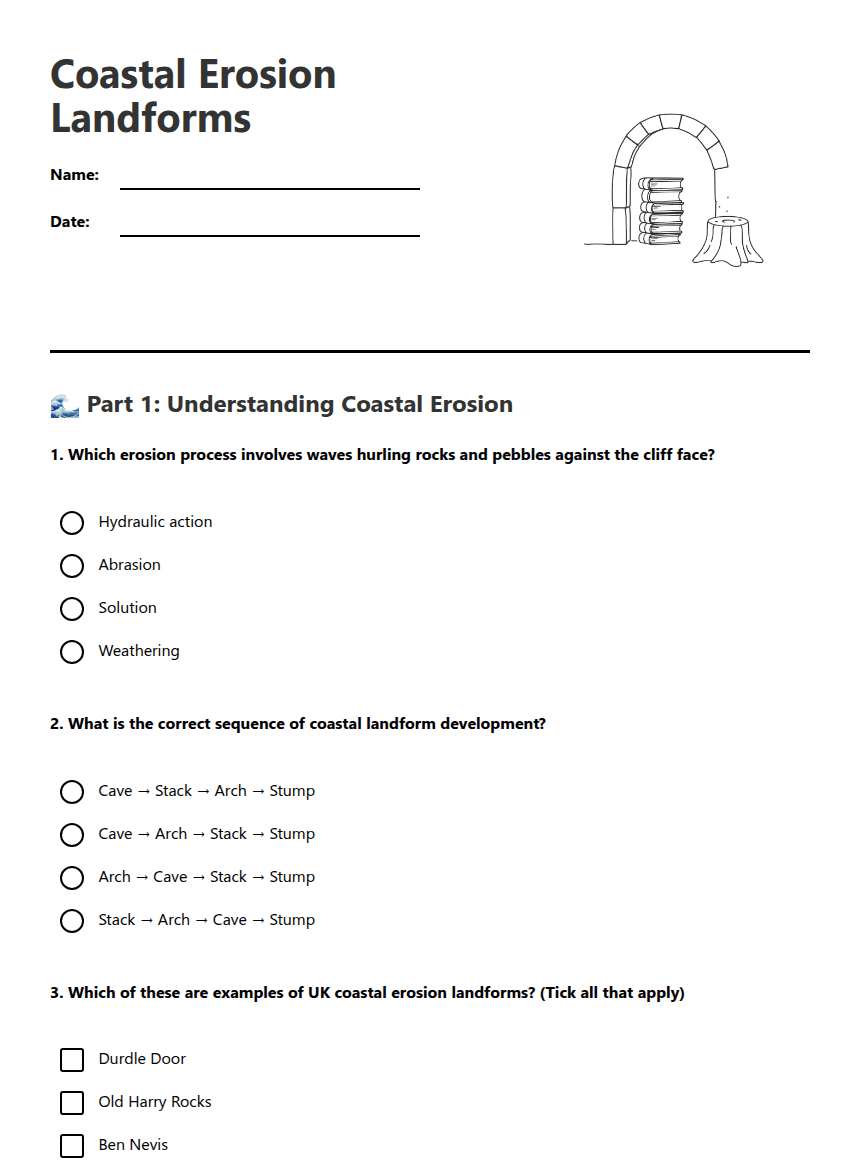 Coastal Erosion Landforms worksheet preview