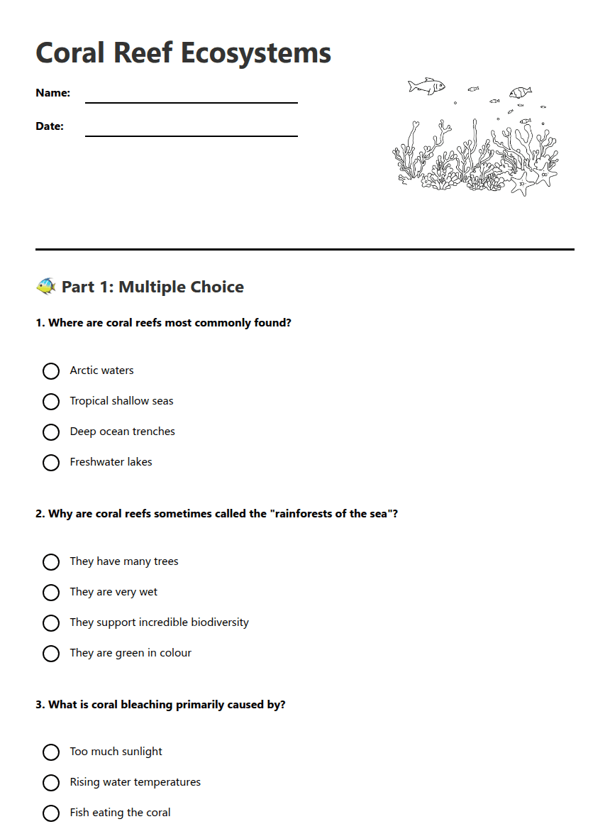 Coral Reef Ecosystems worksheet preview
