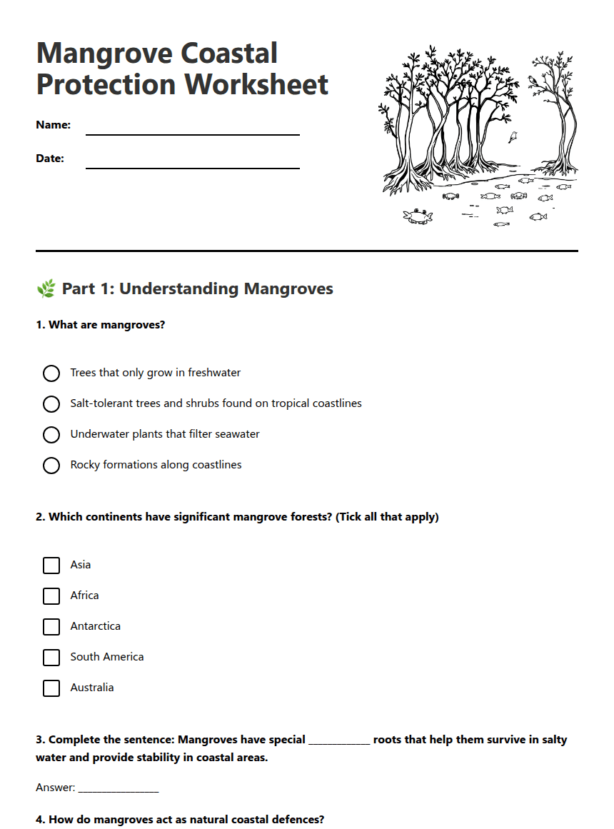 Mangrove Coastal Protection Worksheet worksheet preview