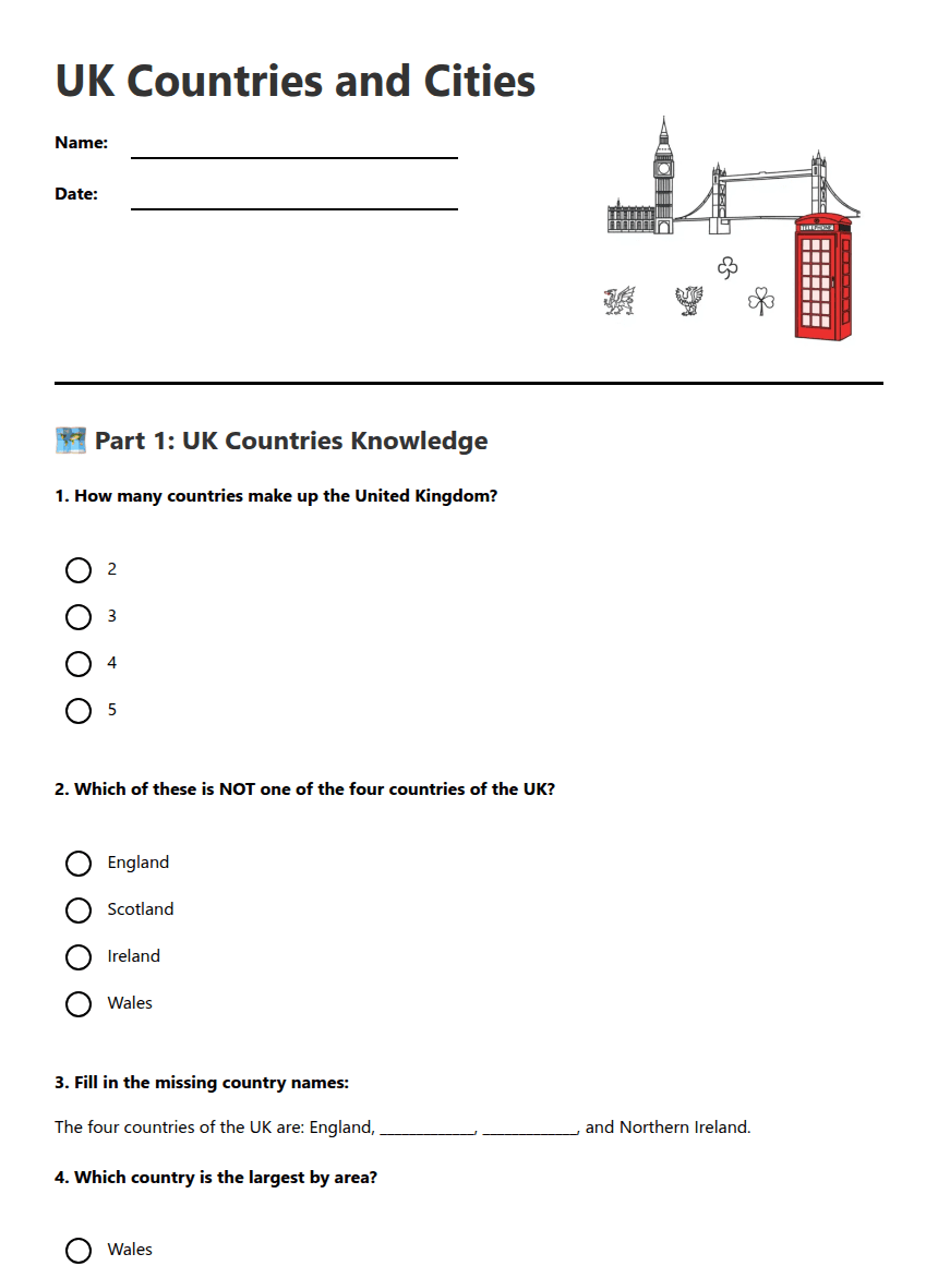 UK Countries and Cities worksheet preview