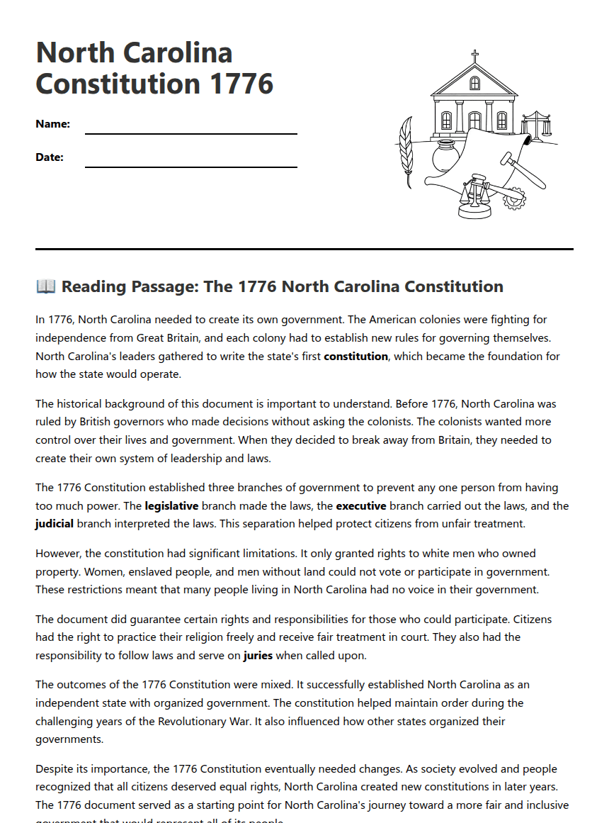 North Carolina Constitution 1776 worksheet preview