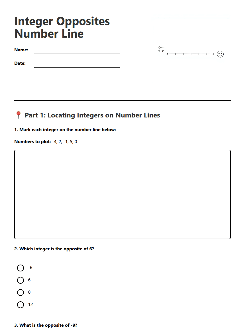 Integer Opposites Number Line worksheet preview