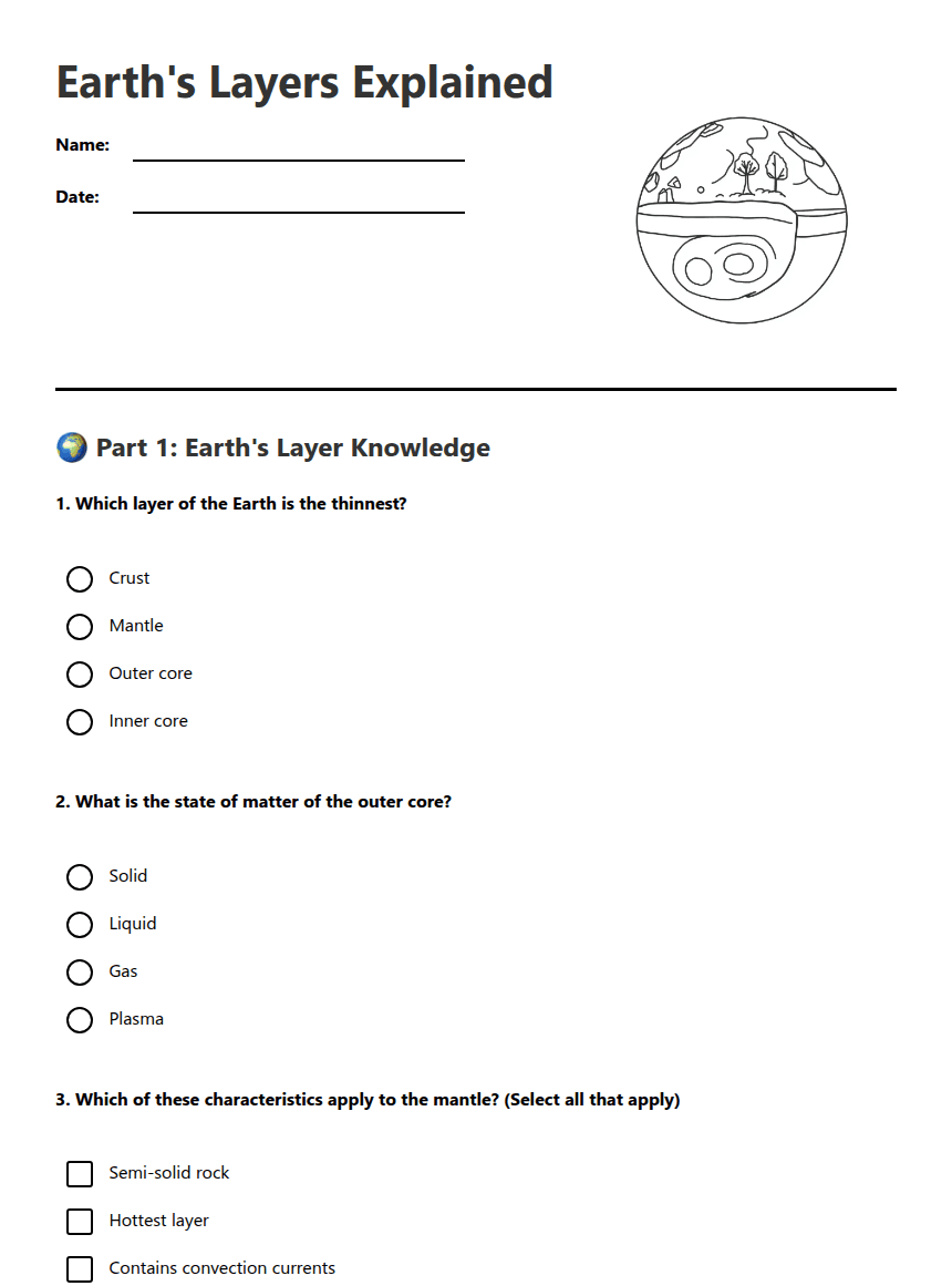 Earth's Layers Explained worksheet preview