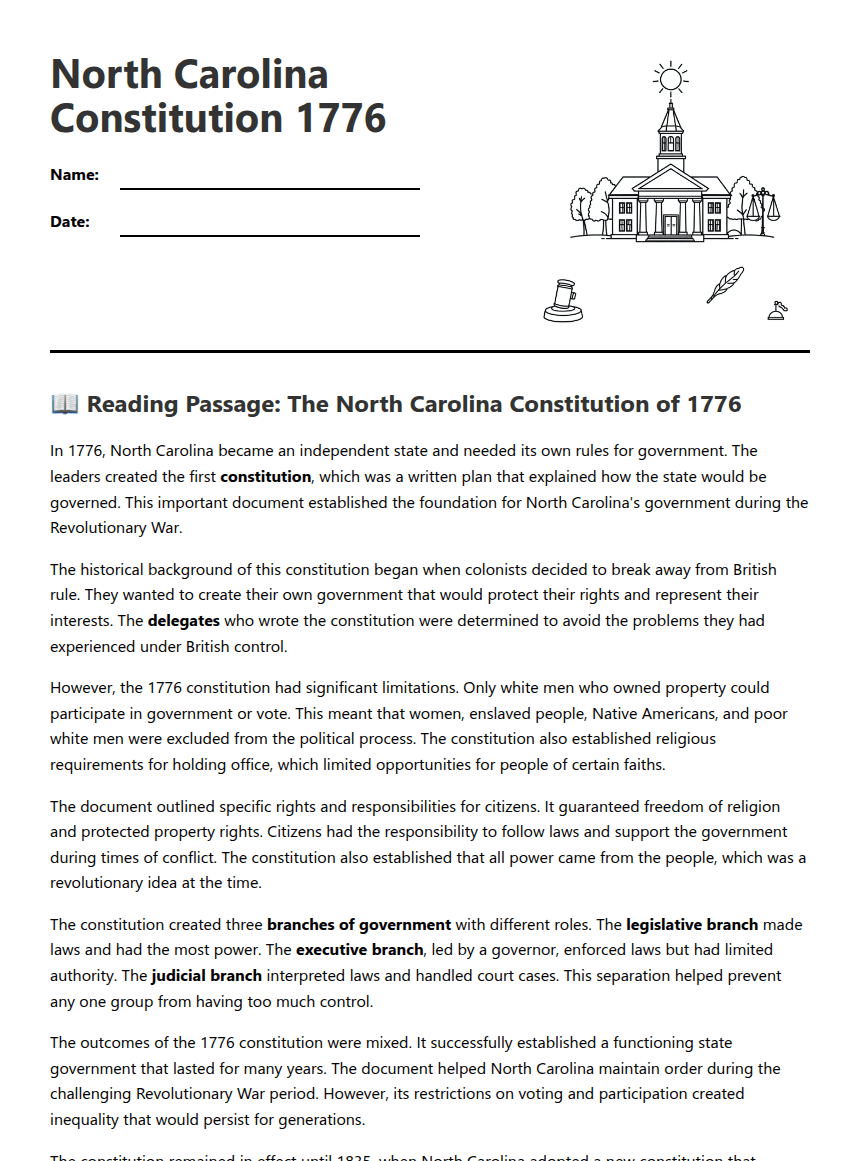 North Carolina Constitution 1776 worksheet preview