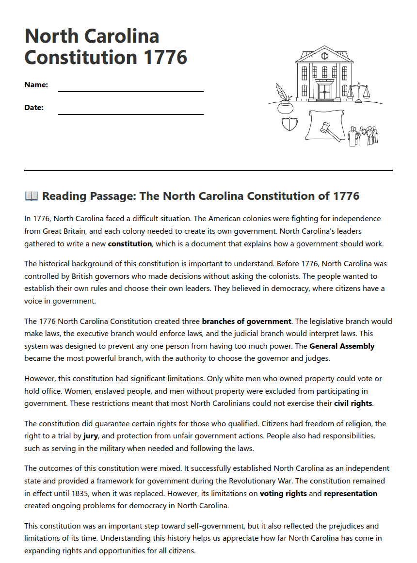 North Carolina Constitution 1776 worksheet preview
