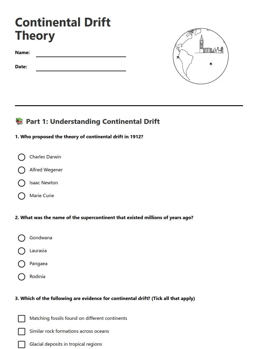 Continental Drift Theory worksheet preview