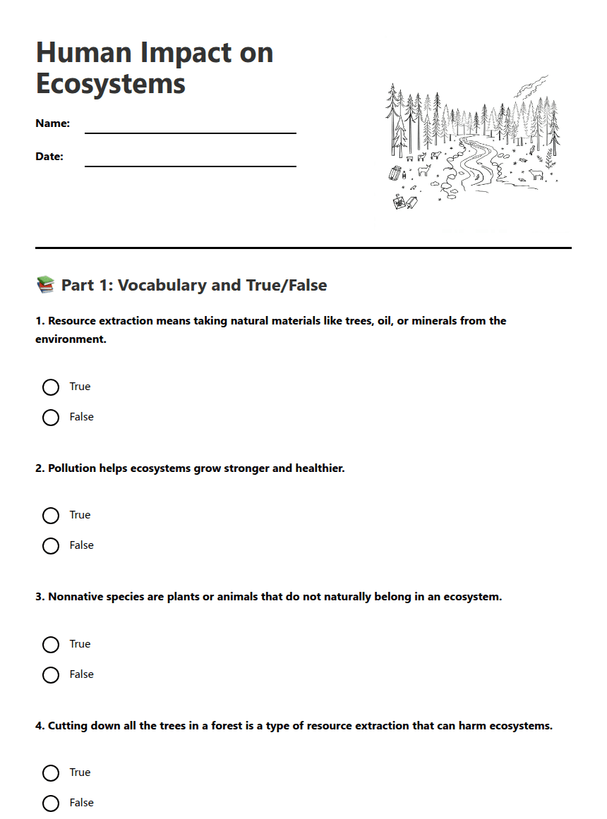 Human Impact on Ecosystems worksheet preview