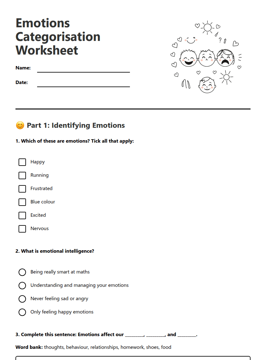 Emotions Categorisation Worksheet worksheet preview