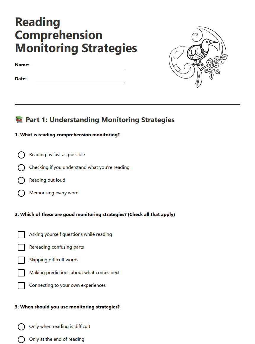 Reading Comprehension Monitoring Strategies worksheet preview