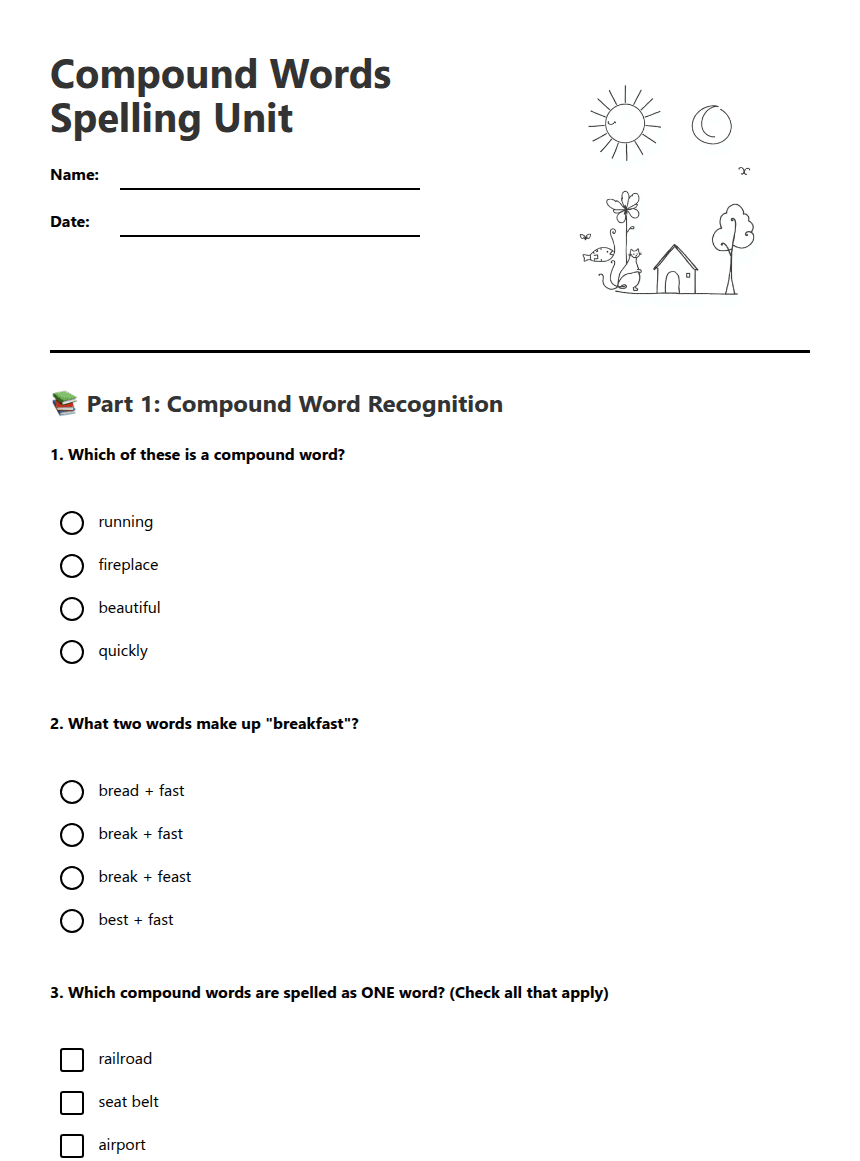 Compound Words Spelling Unit worksheet preview