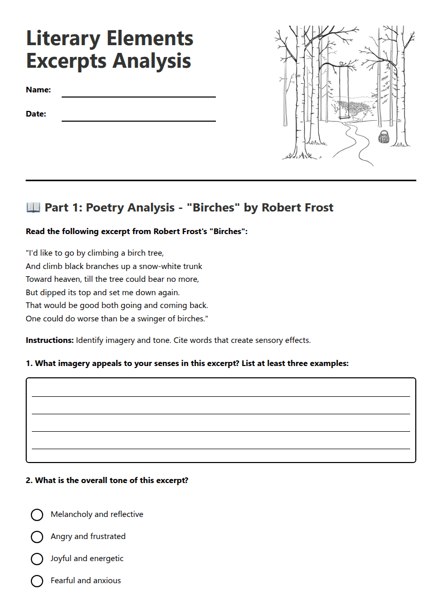 Literary Elements Excerpts Analysis worksheet preview