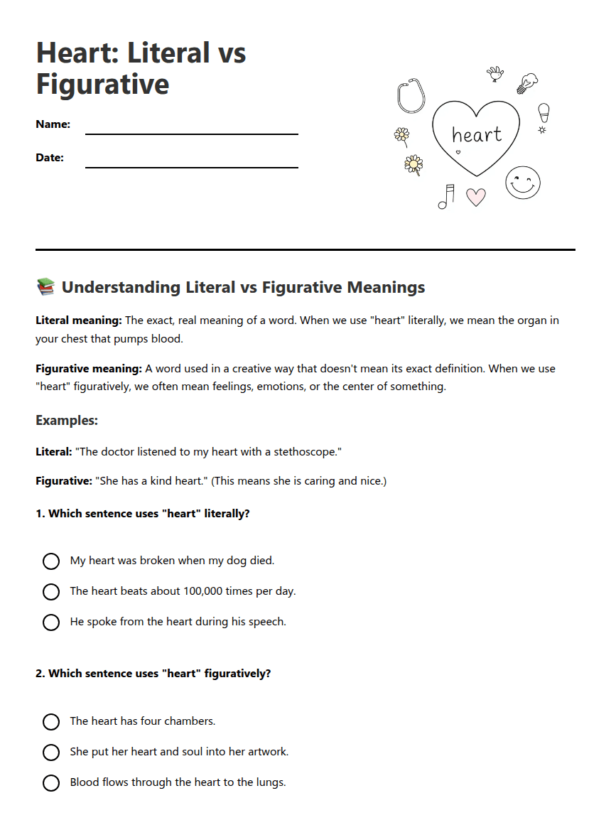 Heart: Literal vs Figurative worksheet preview