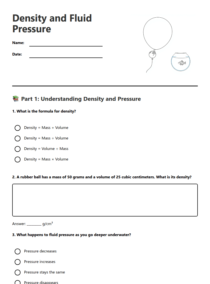 Density and Fluid Pressure worksheet preview