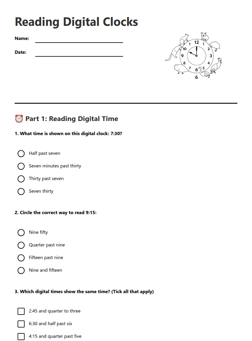Reading Digital Clocks worksheet preview