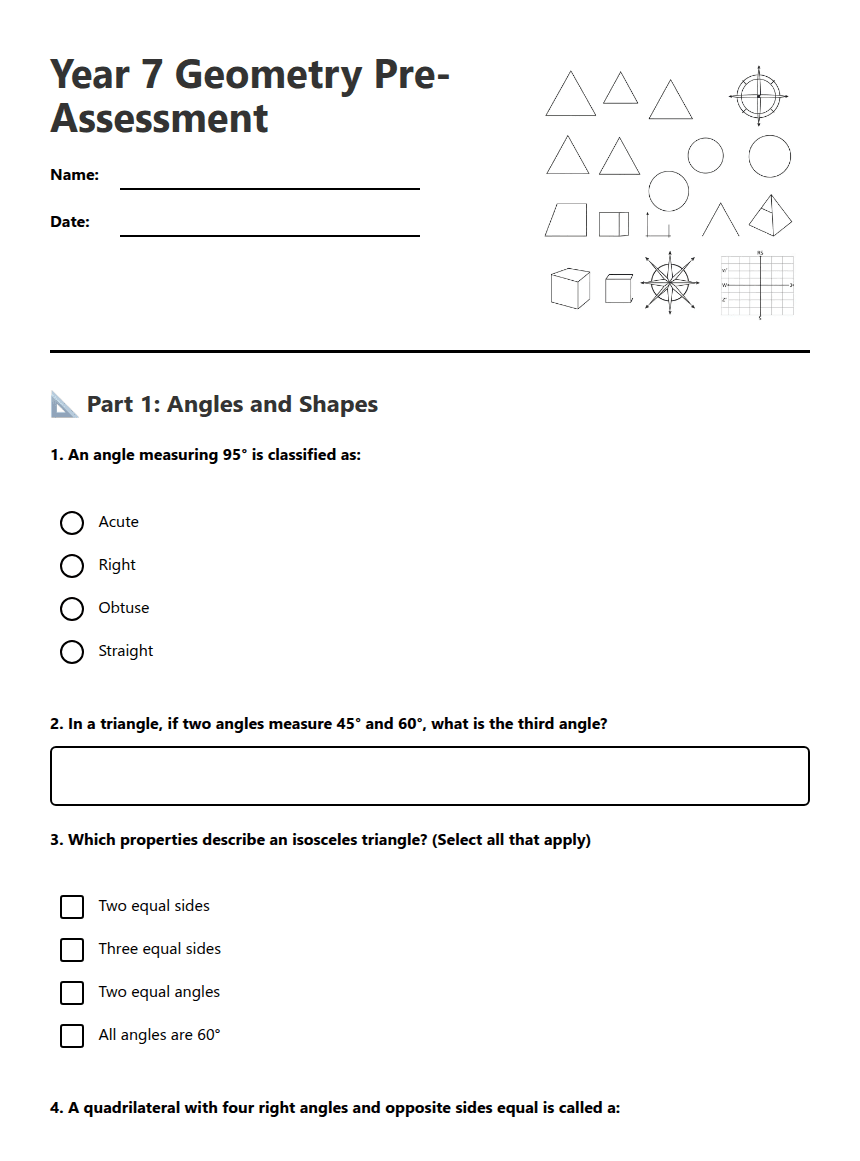 Year 7 Geometry Pre-Assessment worksheet preview