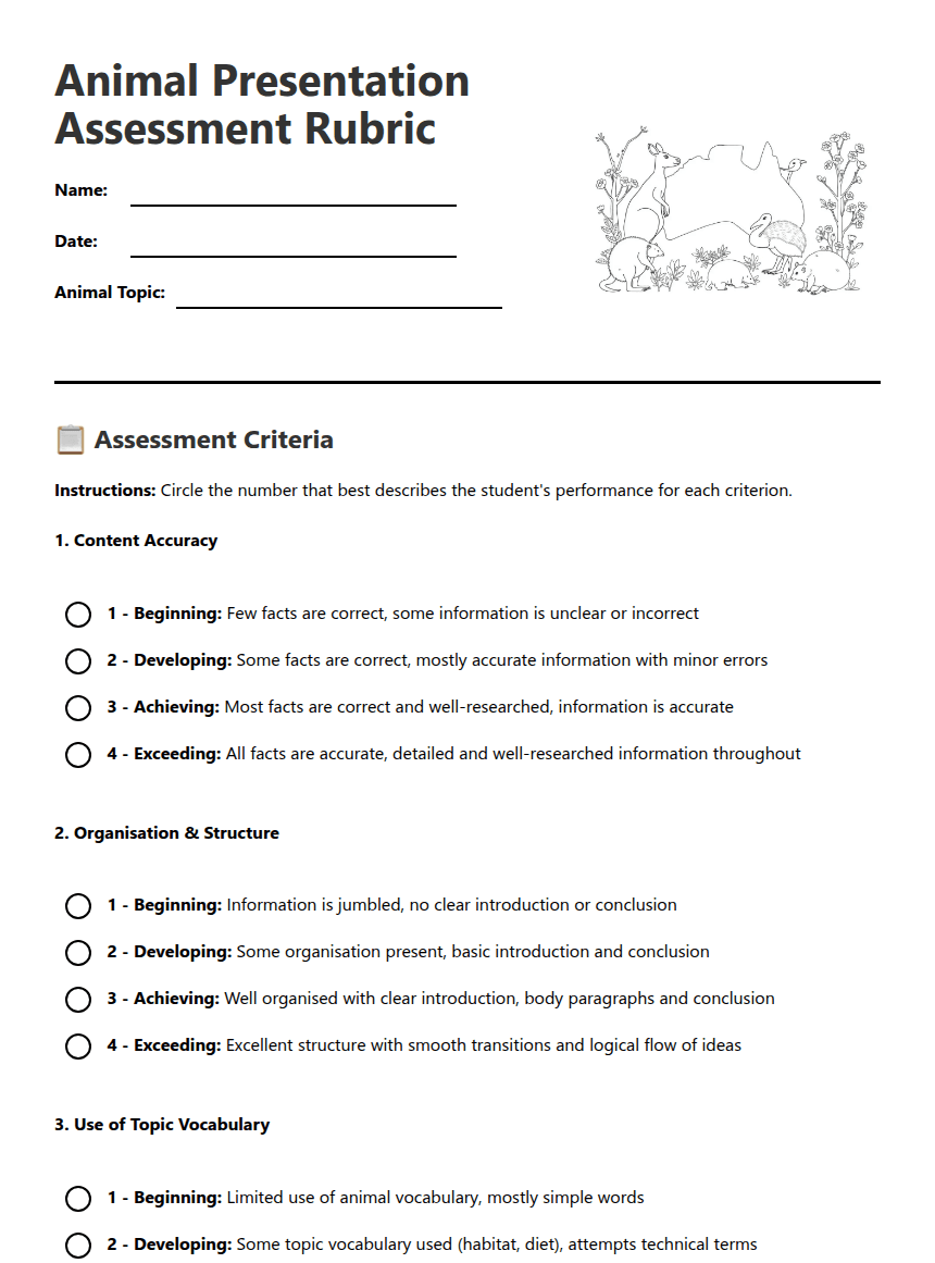 Animal Presentation Assessment Rubric worksheet preview