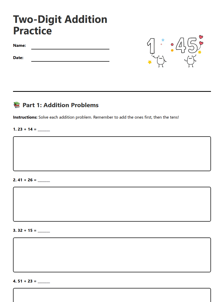 Two-Digit Addition Practice worksheet preview