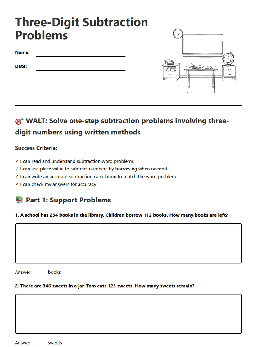 Three-Digit Subtraction Problems