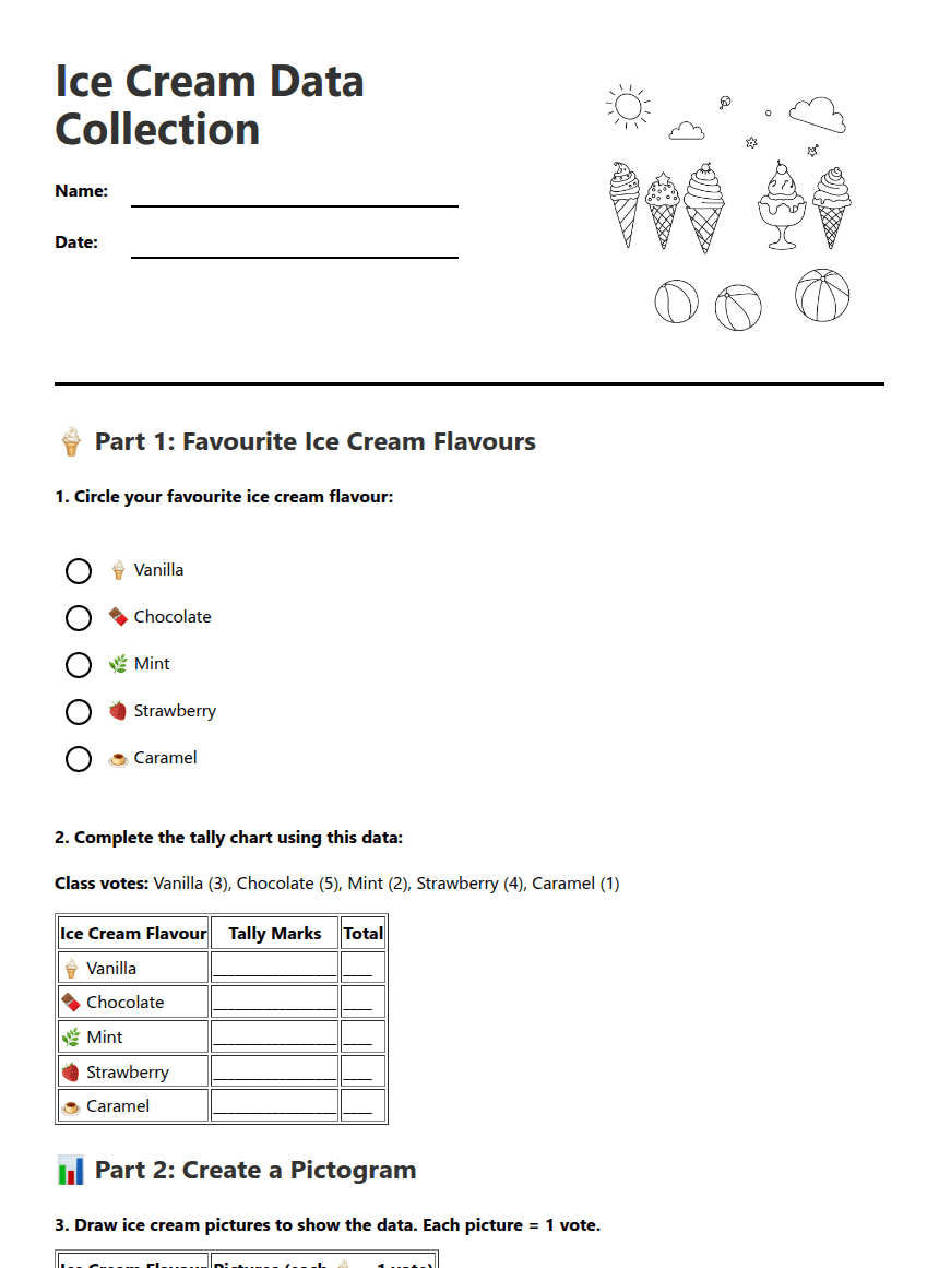 Ice Cream Data Collection worksheet preview