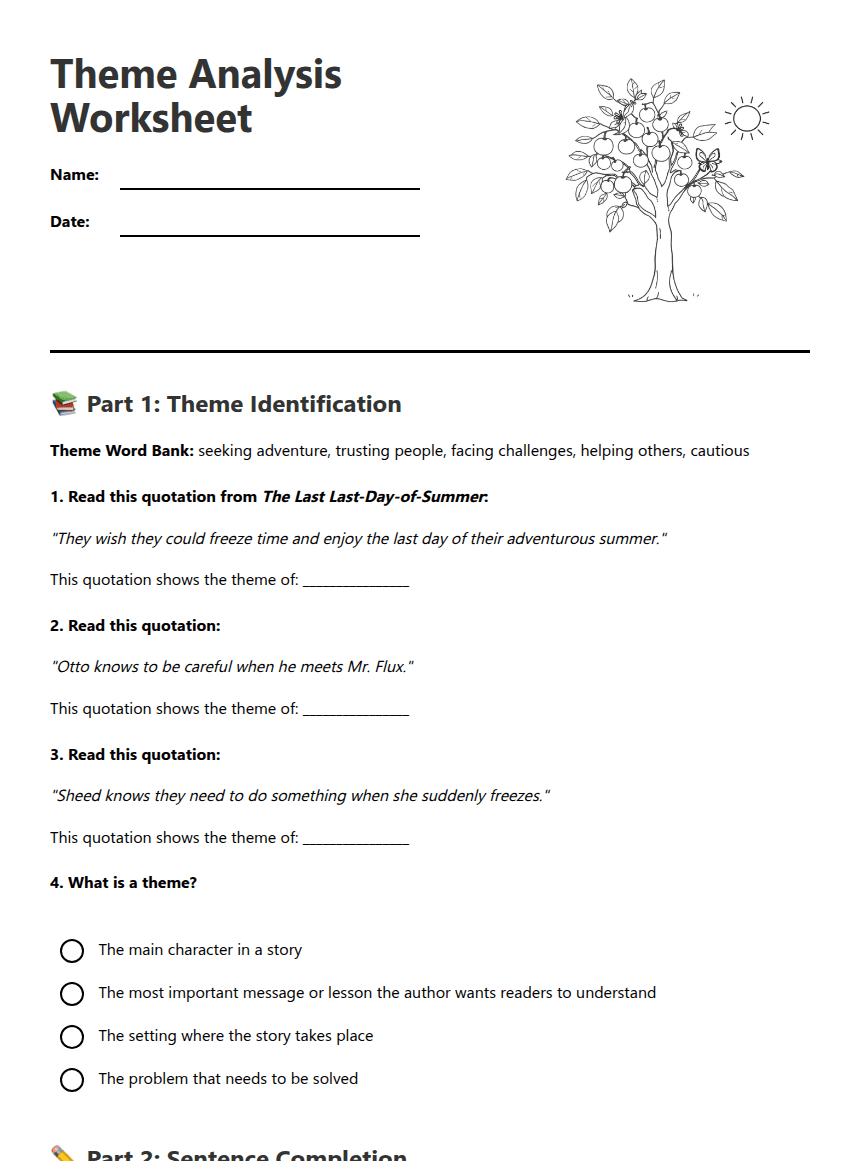 Theme Analysis Worksheet worksheet preview