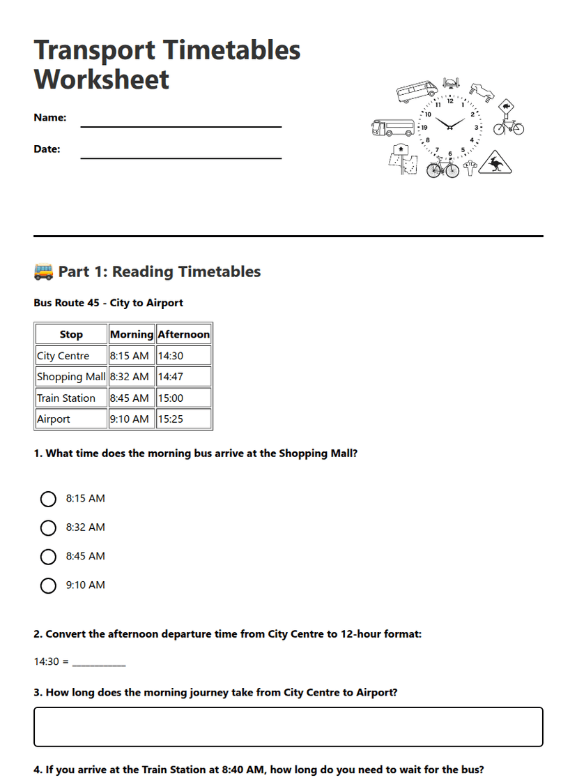 Transport Timetables Worksheet