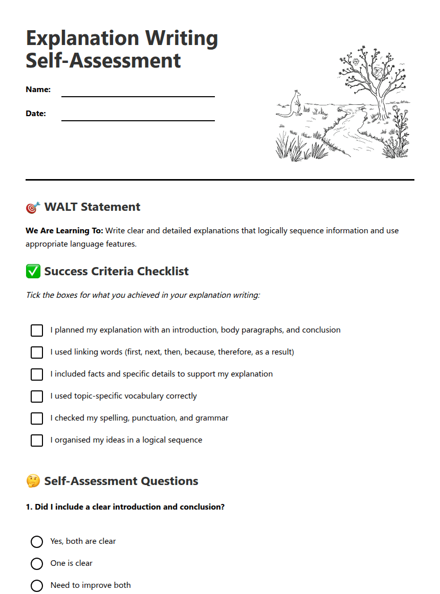 Explanation Writing Self-Assessment worksheet preview
