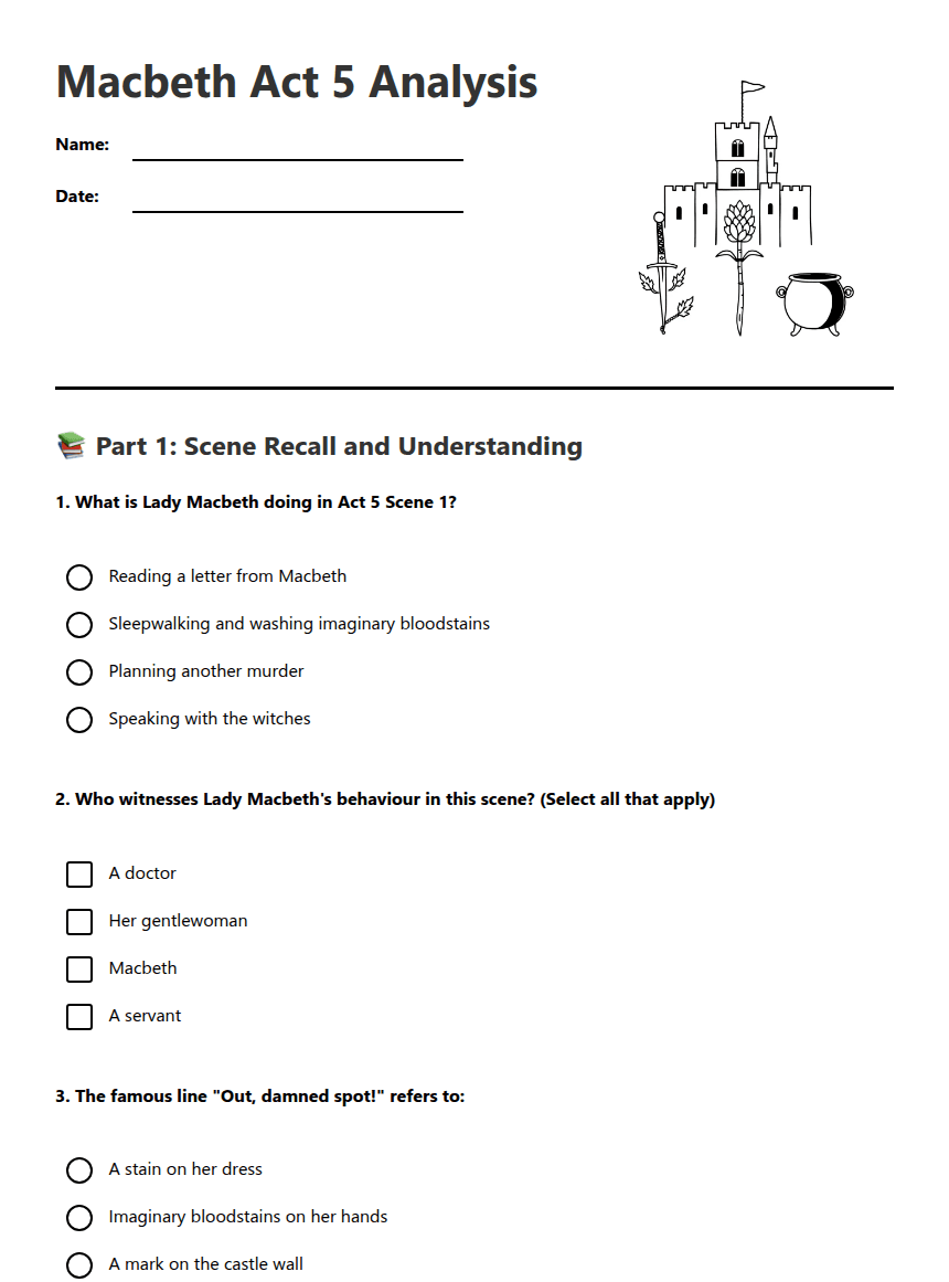 Macbeth Act 5 Analysis worksheet preview