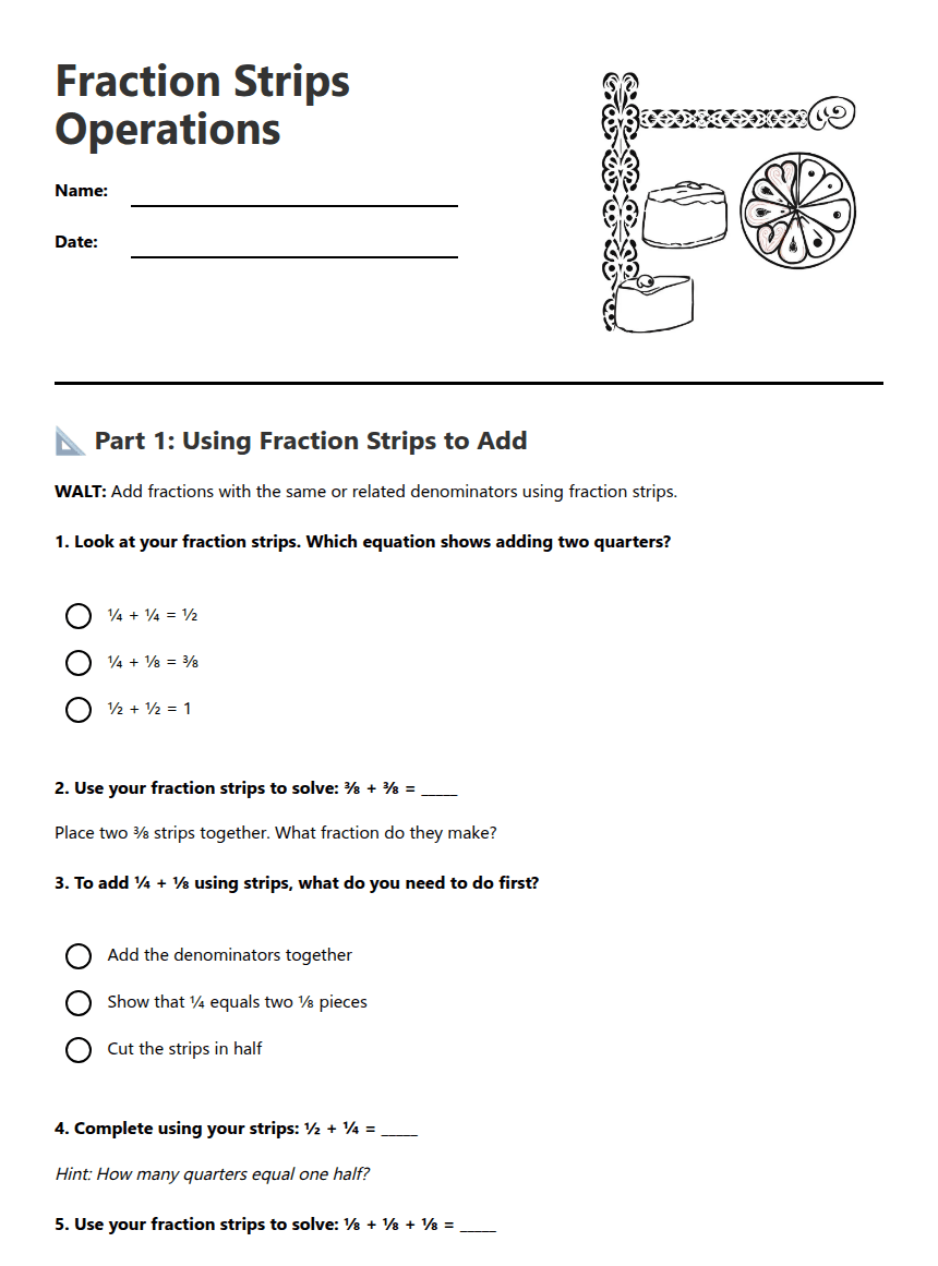 Fraction Strips Operations worksheet preview