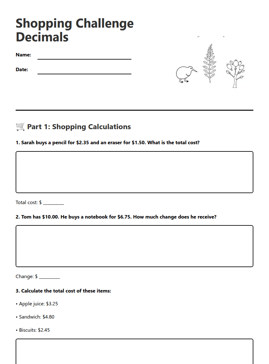 Shopping Challenge Decimals worksheet preview