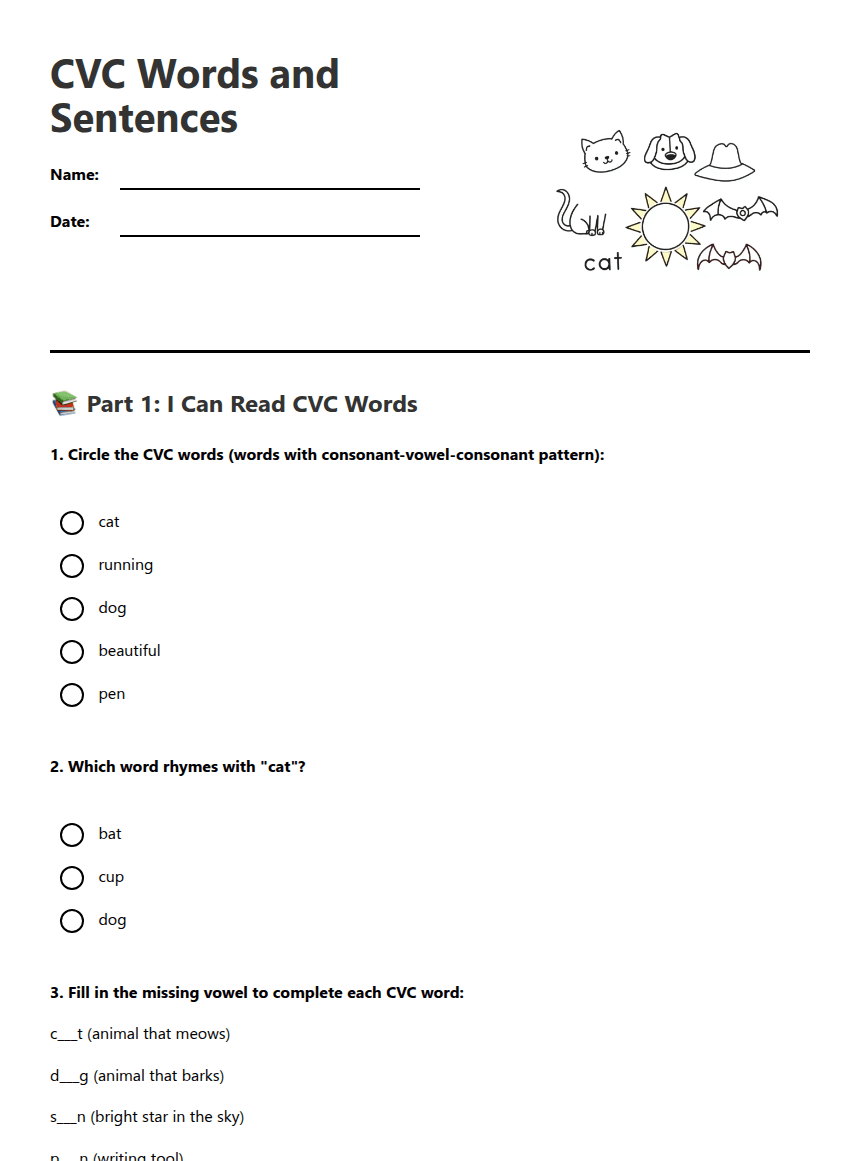 CVC Words and Sentences worksheet preview