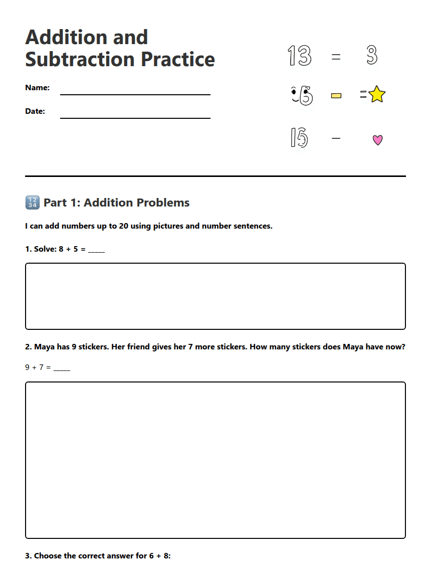 Addition and Subtraction Practice worksheet preview
