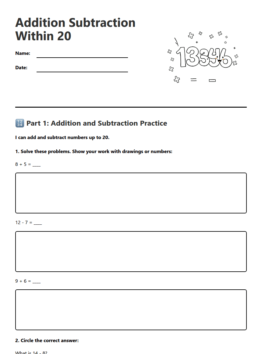 Addition Subtraction Within 20 worksheet preview
