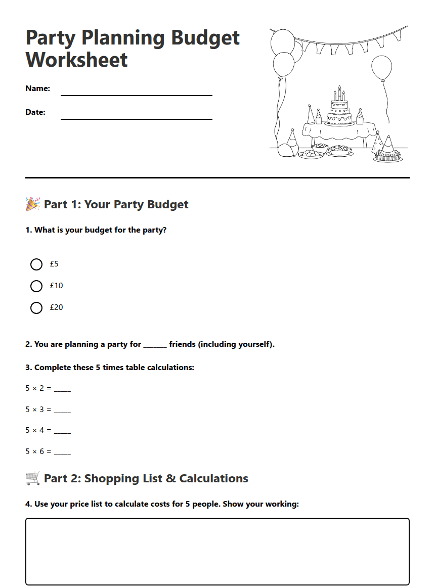 Party Planning Budget Worksheet worksheet preview
