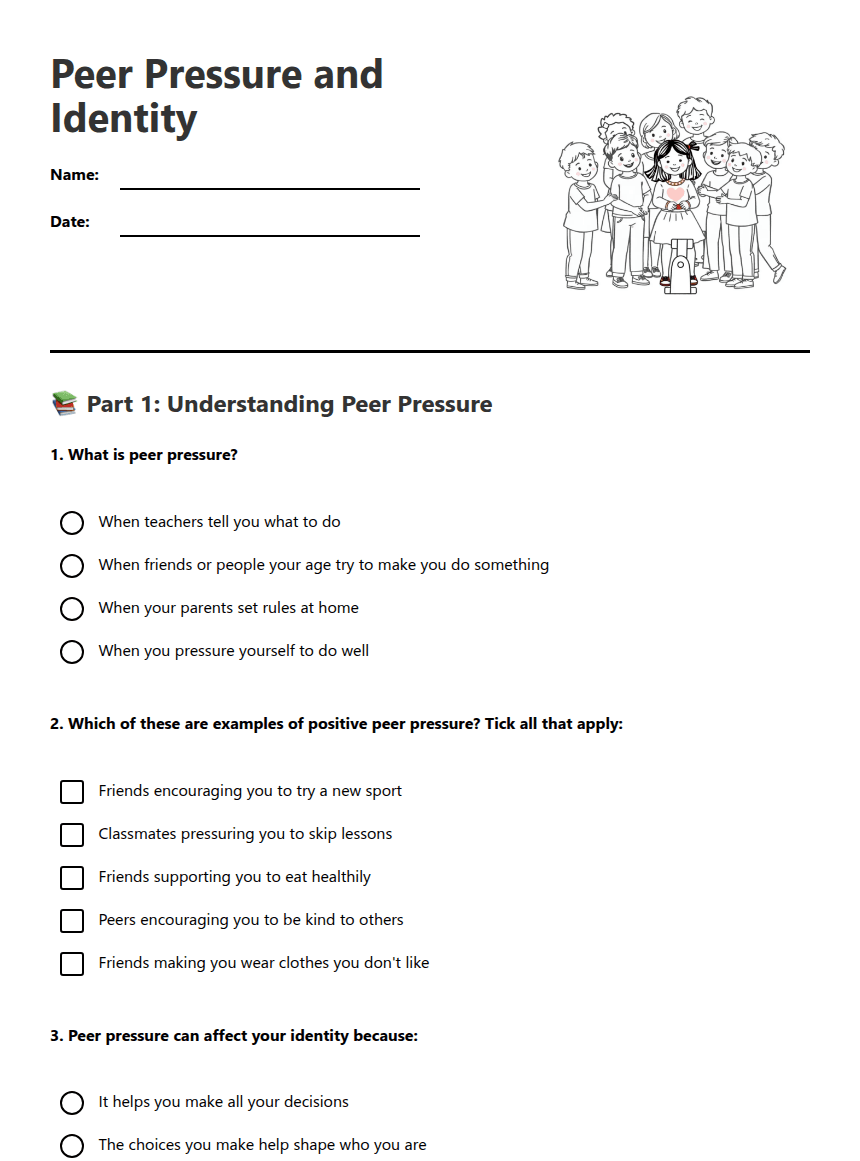 Peer Pressure and Identity worksheet preview