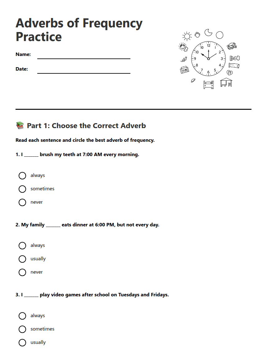 Adverbs of Frequency Practice worksheet preview