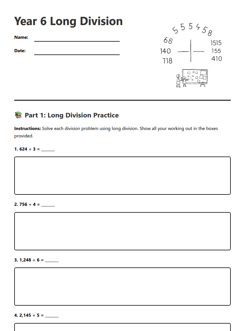 Year 6 Long Division worksheet preview