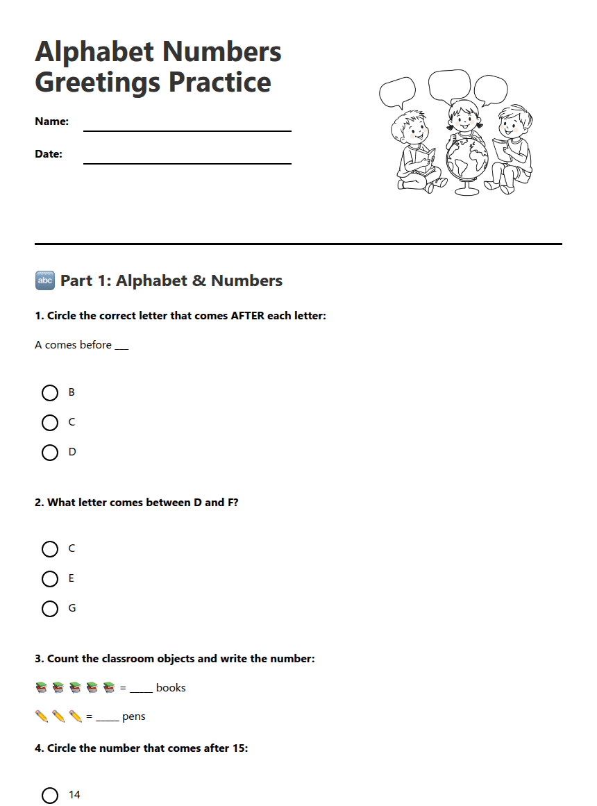Alphabet Numbers Greetings Practice worksheet preview