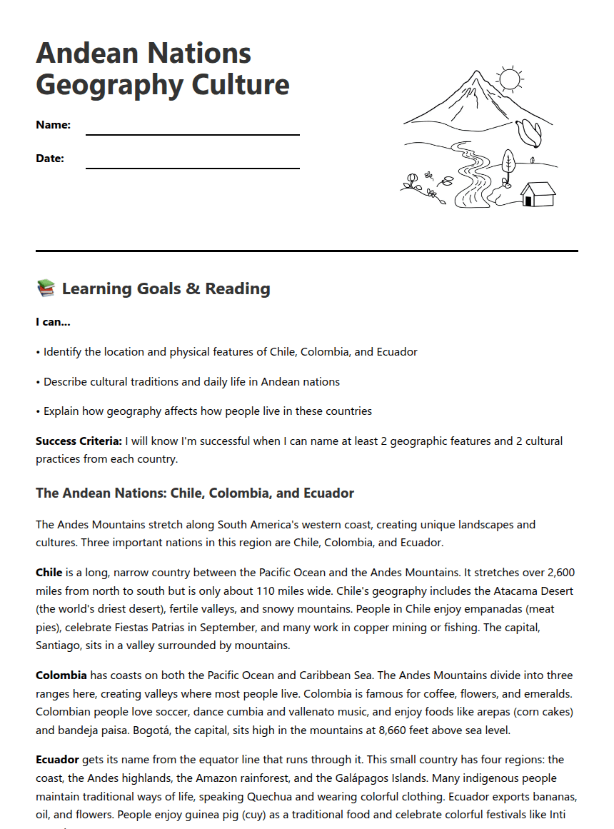 Andean Nations Geography Culture worksheet preview
